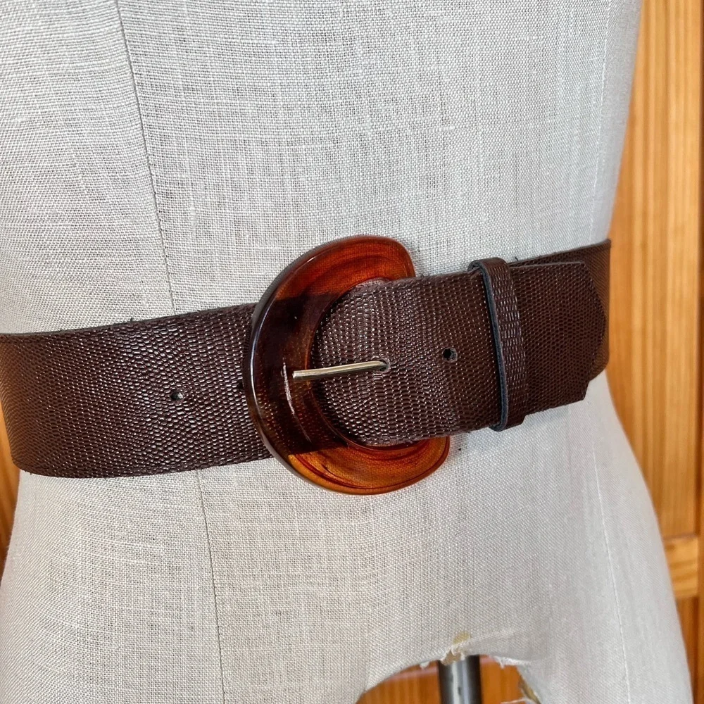 Wide Brown Vegan Belt Acrylic Tortoise Print Buckle Vintage Vegan Faux Leather